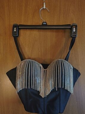 Black Rhinestone Fringe Bustier Crop Top Size S (34 B)